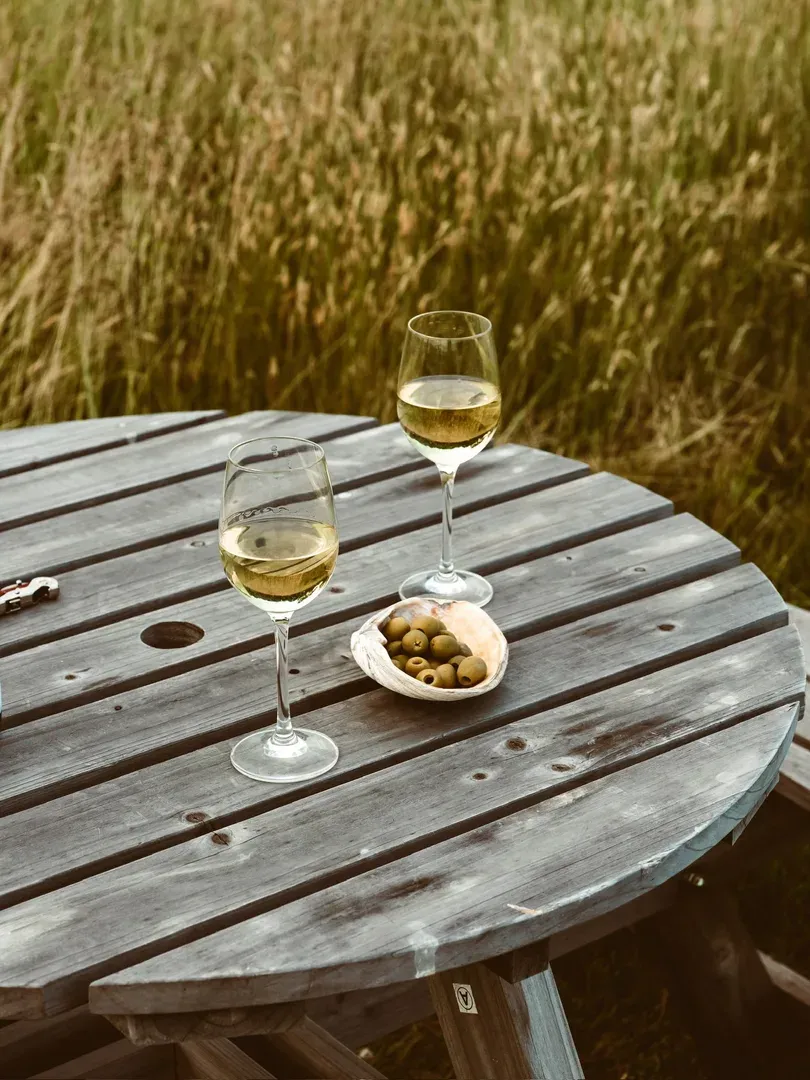 Two glasses of white wine on a picnic table