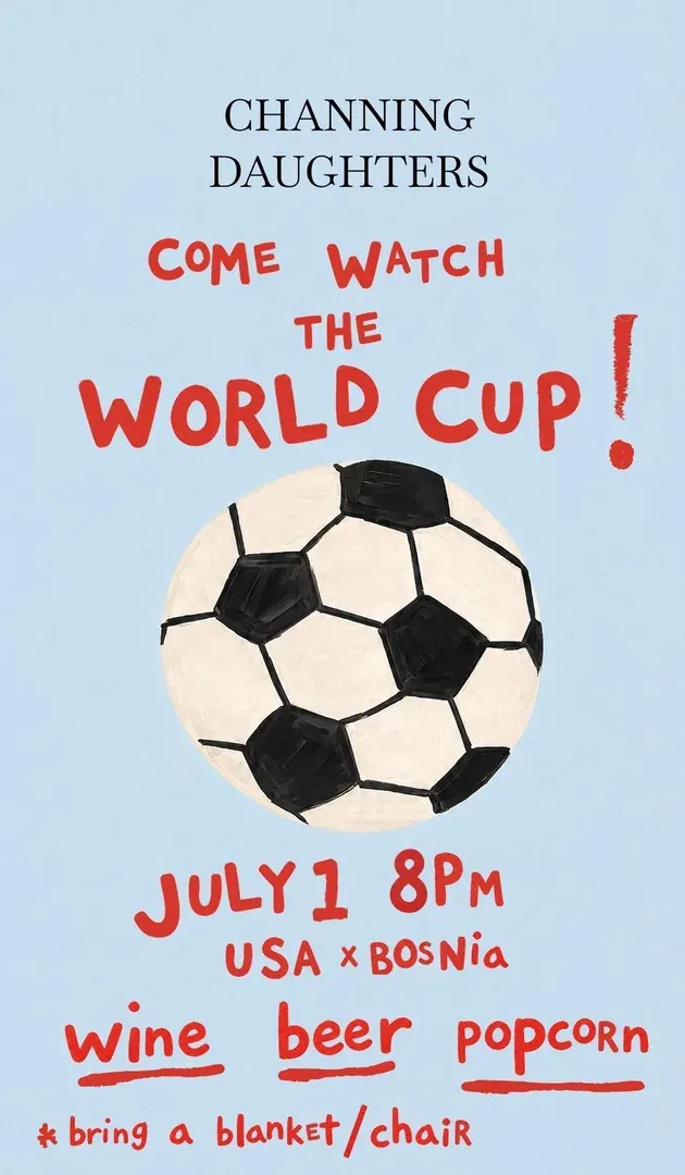 Poster: Come watch the World Cup! July 1, 8pm, USA vs. Bosnia. Wine, beer and popcorn; bring a blanket or a chair