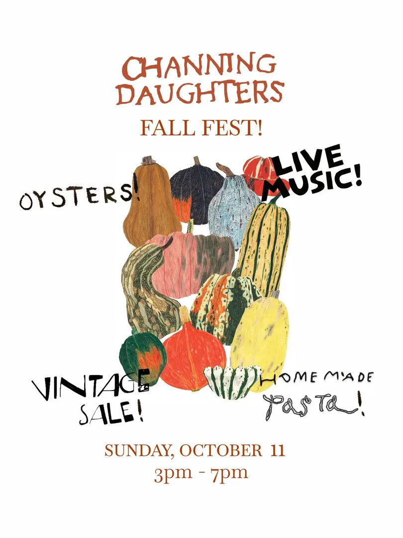 Poster of Channing Daughters Fall Fest Sunday October 11, 3-7pm, with pictures of colorful fall gourds.