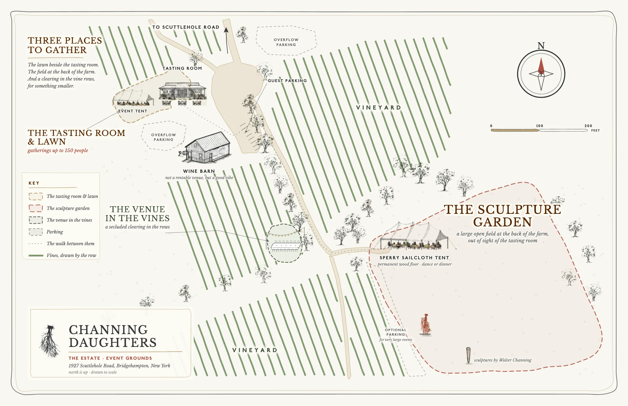 Hand-drawn map of the estate showing the three private-event spaces: the tasting room and its lawn at the top left, the venue in the vines in a clearing in the vineyard block south of the wine barn, and the sculpture garden with its sailcloth tent at the lower right. Scuttlehole Road runs off the top; the wine barn and three parking areas are marked, and the vines are drawn by the row.
