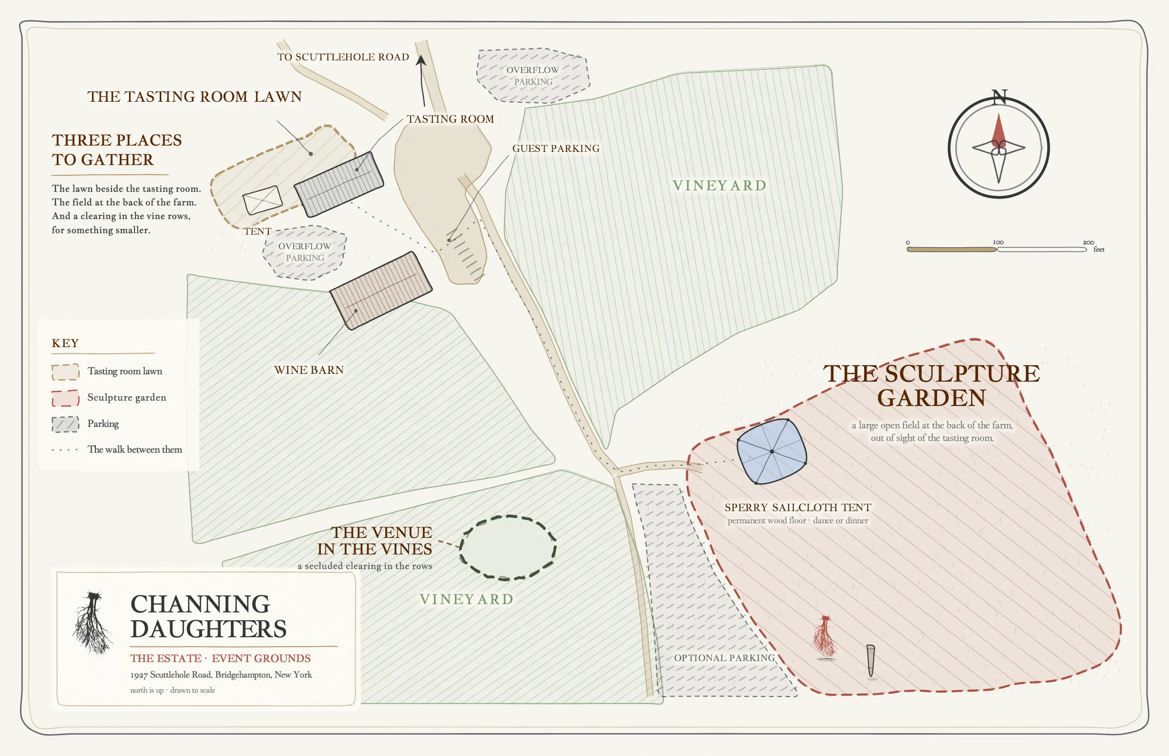 Hand-drawn map of the estate showing the three private-event spaces: the tasting room and its lawn at the top left, the venue in the vines in the lower vineyard block, and the sculpture garden with its sailcloth tent at the lower right. Scuttlehole Road runs off the top; the wine barn and three parking areas are marked.